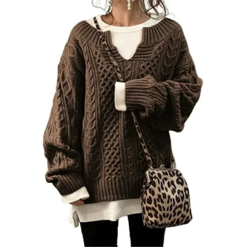 Frontwalk Womens V Neck Long Sleeve Cable Knit Pullover Sweater Tops Casual Winter Fall Chunky Knitwear