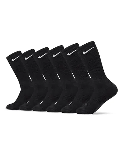 6 Pairs Nike Unisex Everyday Cushioned Training Crew Socks, Black/White, Large