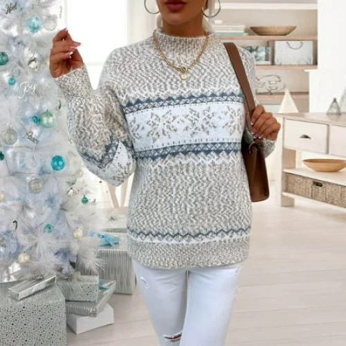 Labakihah Women's Christmas Snowflake Sweater Turtleneck Vintage Holiday Knit Pullover Beige L