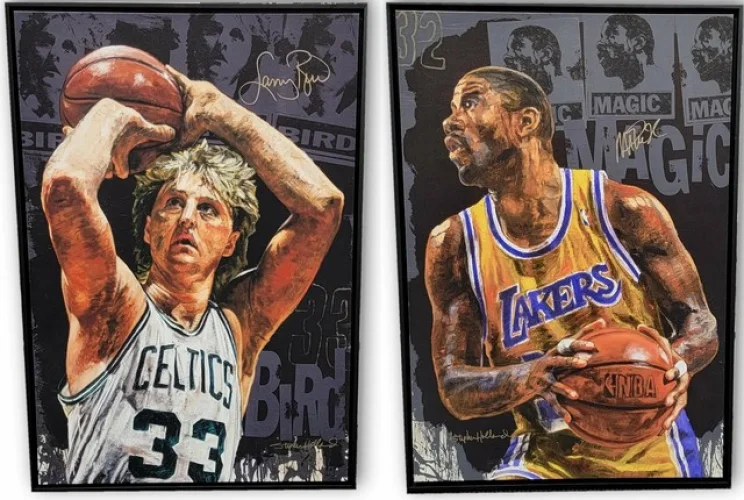 Magic Johnson & Larry Bird Hand Signed Autographed 30x43 Canvas Stephen Holland