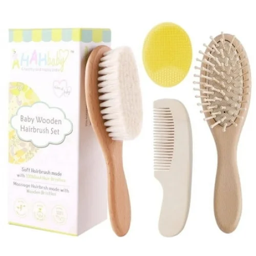 Yalumo Baby Hair Brush and Comb Set for Newborn and Toddlers, Natural Wooden Baby Hair Brush Set