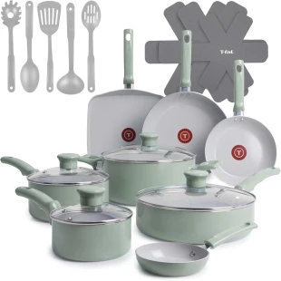 T-Fal Refresh Ceramic Nonstick Cookware Set, 20-Piece, Oven Safe to 350°F, Stockpot