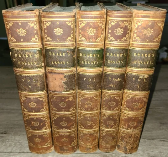 Antique Leather 5 Volume Book Set, Drake's Essays by Nathan Drake, 1805/1810