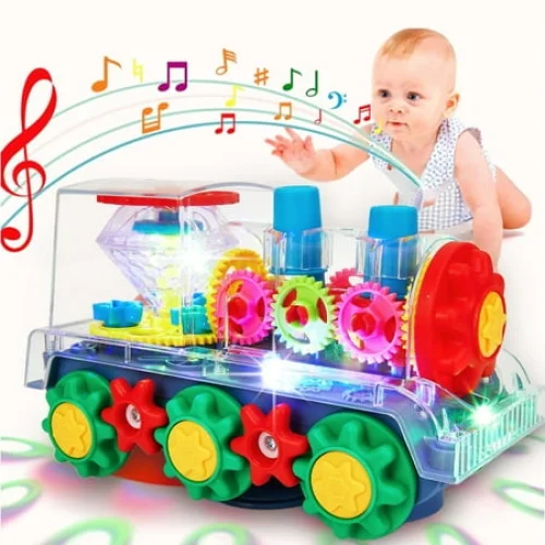 Gemeer Electric Transparent Gear Train Toy with Lights, Music, and 360 Rotation for Toddlers Ages 2-6