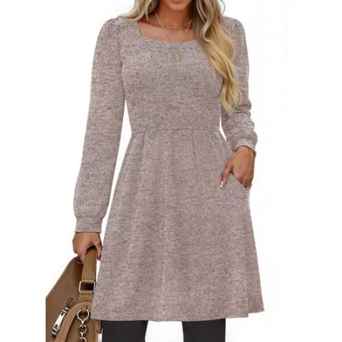 Fantaslook Square Neck Long Sleeve Sweater Dress with Pockets for Women Casual Trendy Knit Dress