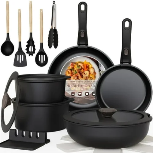 20-Piece Astercook Nonstick Ceramic Pots and Pans Set, Stackable RV Kitchen Cookware, Black