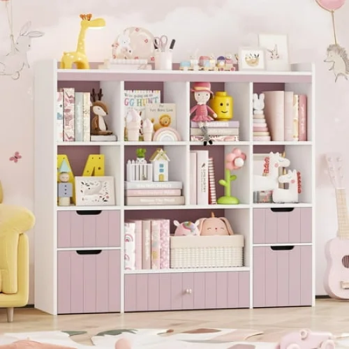 Homfa Kids Toy Storage Organizer with Cubby, Drawers, and Bookcase for Playroom, Bedroom, Pink