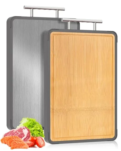Cutting Boards for Kitchen - Food Grade Double Sided Titanium & Bamboo Chopping Board with Handle (16×11)