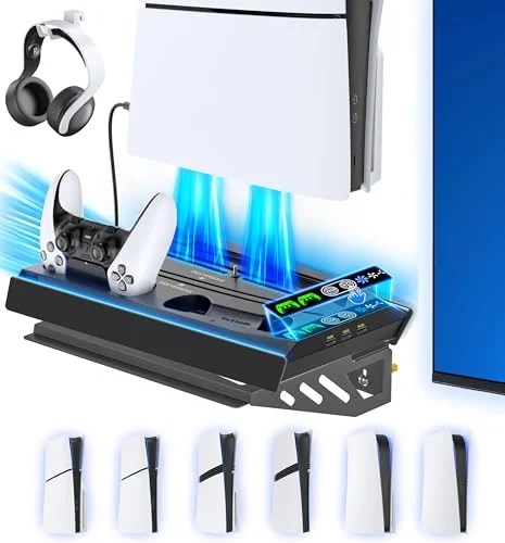 PS5 Wall Mount Kit with Charging Station, Cooling Fan, and Stand for PS5/Slim/Pro Disc & Digital