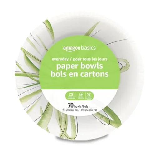 70 Count Amazon Basics Everyday Paper Bowls, 10 Oz, Disposable, White Bowls for Parties and Events