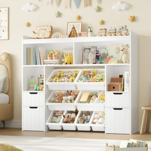 Homfa Kids Toy Storage Organizer with Removable Bin, Kids Bookshelf and Bookcase Toy Box with Drawers for Playroom, Classroom, White