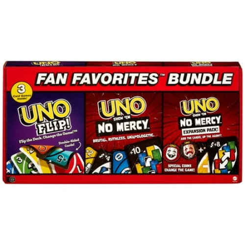 UNO Flip, UNO Show ‘Em No Mercy, and UNO Show ‘Em No Mercy Expansion Pack Card Game Bundle