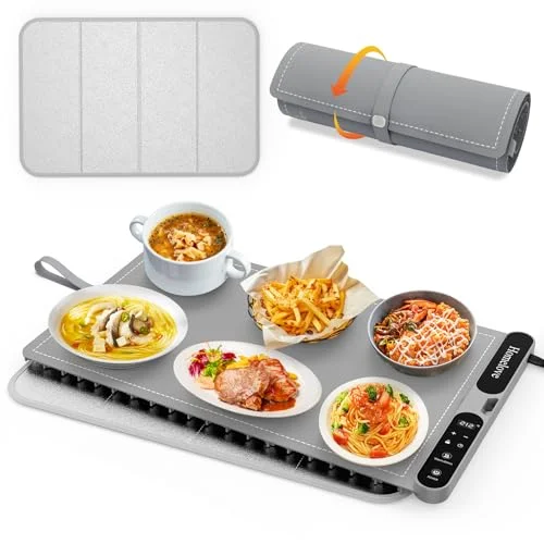 Homelove Warming Mat for Food - Electric Warming Tray with 7 Temp Settings & 8H Timer, Portable Roll Up XL-Grey