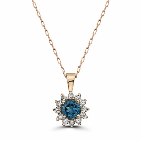 Birthstone 14K Rose Gold London Blue Topaz Nude Diamond 0.82 ct Pendant Necklace
