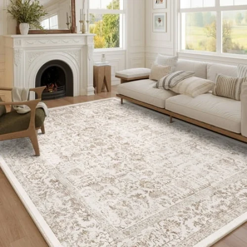 BERTHMEER 9'x12' Washable Vintage Area Rug for Living Room, Farmhouse, Dining Room, Office - Brown