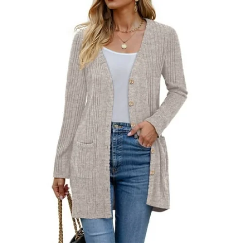 Fantaslook Fall Cardigan for Women Long Sleeve Open Front Cardigan Casual Button Down Coat with Pockets