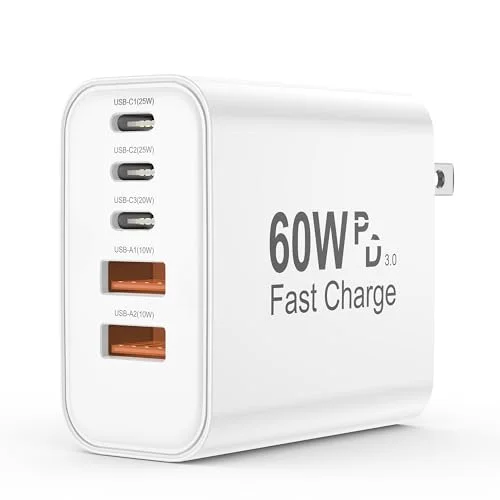 60W 5-in-1 USB C Charger Block with PD 3.0 Fast Charging for iPhone, iPad, Samsung, and AirPods Pro