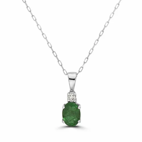 Birthstone 14K White Gold Emerald Nude Diamond 0.78 cts 18" Pendant Necklace