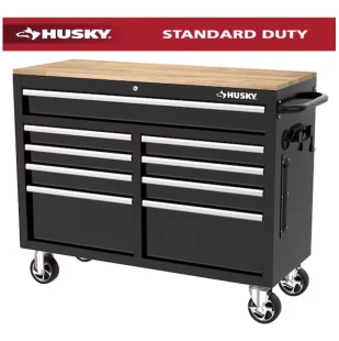 Tool Storage 46 in. W x 18 in. D 9-Drawer Mobile Workbench Cabinet in Gloss Black