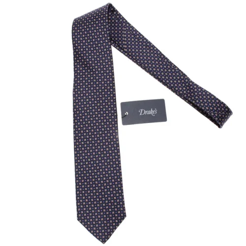 Drake's NWT Neck Tie in Blue with Purple/White/Pink Geometric Pattern 100% Silk
