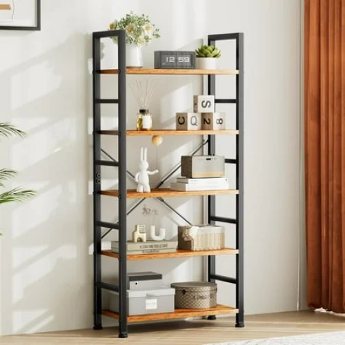Atilioo 5 Tier Bookcase, 62" Tall Wooden Storage Organizer with Adjustable Shelves, Rustic Brown