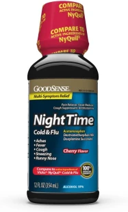 12oz GoodSense Nighttime Cold & Flu Liquid Medicine (Cherry Flavor, 6-Hour Relief)