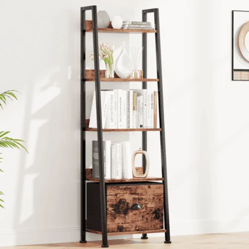 5-Tier Ladder Bookshelf with Drawer, Rustic Brown Storage Display Shelf for Home Use