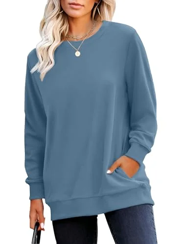 Women's RUMIA Crewneck Fall Sweatshirt - Long Sleeve Pullover Top with Pockets - Dustyblue