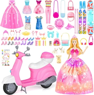 67Pcs Doll Clothes and Accessories with Doll, Motorcycle Scooter Set