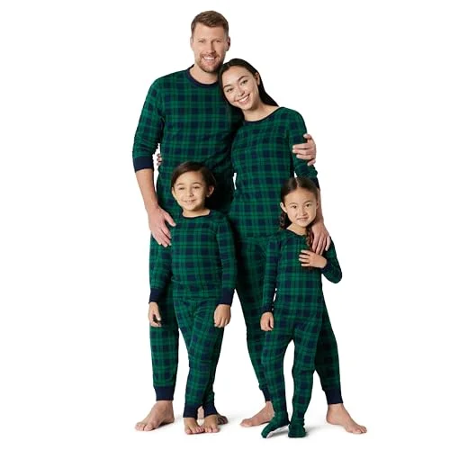 Unisex Kids' Matching Holiday Family Pajama Sets, Dark Emerald Green Navy Plaid, 6-7
