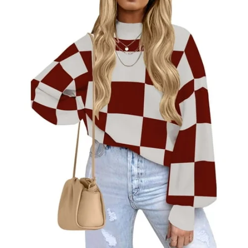 MOSHU Oversized Sweaters for Women Drop Shoulder Plaid Colorblock Crewneck Pullover Sweater