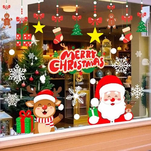 T&W SAME FILM Christmas Window Clings Stickers for Glass, Window, Car Decor, Xmas Decals Decorations Holiday Snowflake Santa Claus Reindeer Decals for Party, Reusable, 6 Sheets
