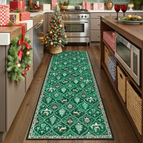 Moynesa 2'x6' Christmas Runner Rug - Washable Green Kitchen Carpet with Non-Slip Backing