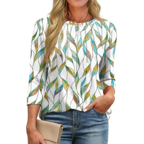 Womens Plus Size 3/4 Sleeve Pleated Blouses Crew Neck Casual Tunic Tops Summer Shirts