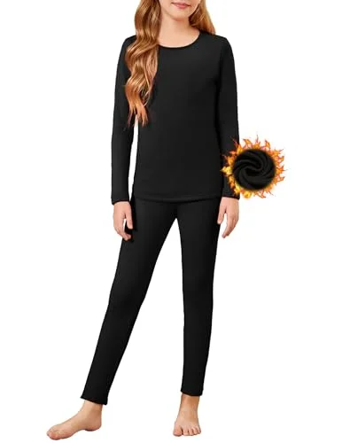 Arshiner Girls Thermal Underwear Set Long Johns Cold Weather Kids Base Layer Top Bottom Warm Winter Black 9-10 Years