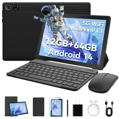 Android 14 Tablet 10 inch, Octa Core, 12GB RAM, 64GB ROM, Keyboard & Mouse Set, Black