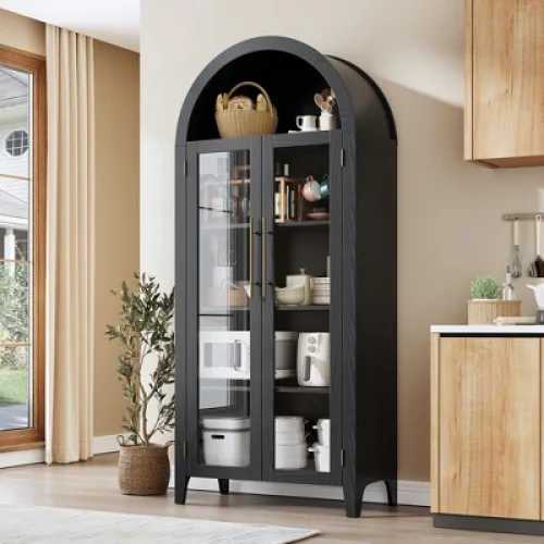 63'' Arched Pantry Storage Cabinet, Farmhouse 5 Tier Cupboard with Adjustable Shelf and 2 Large Glass Doors