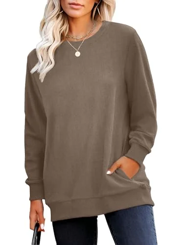 RUMIA Crewneck Fall Sweatshirts for Women Trendy- Women's Plain Long Sleeve Pullover Tops with Pockets Fashion Coffee