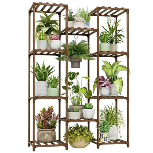 Bamworld Plant Stand Indoor Outdoor Hanging Plant Shelf ,Wood Flower Stand Tall Large Flower Holder for Living Room, Patio, Balcony, Brown