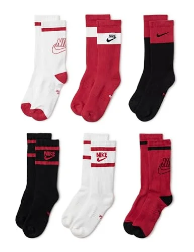 6 Pairs Nike Unisex Kids Everyday Cushioned Crew Socks, White/Black/University Red, Small