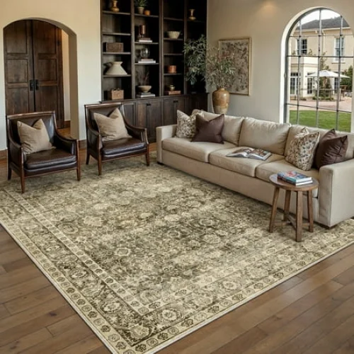 BERTHMEER 8'x10' Area Rugs for Living Room Vintage Brown Rugs for Bedroom Office Machine Washable Large Farmhouse Dining Room Oriental Carpets Non Slip Traditional Distressed Rugs