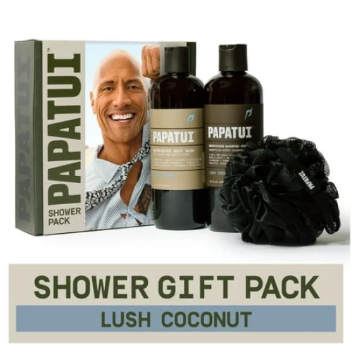Papatui Holiday Gift Set - Men's Care Shower Pack with Shampoo, Conditioner, Body Wash, and Loofah