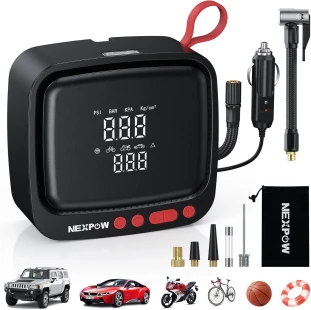 NEXPOW 12V Portable Tire Inflator – 150PSI Air Compressor with Dual Digital Pressure Gauges