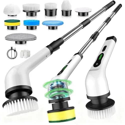 Electric Spin Scrubber Cordless Cleaning Brush with Adjustable Handle and 9 Heads for Floor and Car Cleaning
