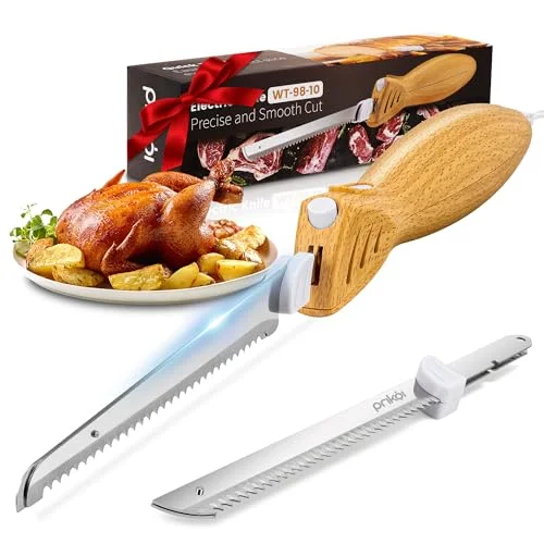 Prikoi Electric Knife Carving Set with Serrated Blades for Meat, Bread, Turkey, and Ergonomic Handle + 2 Blades