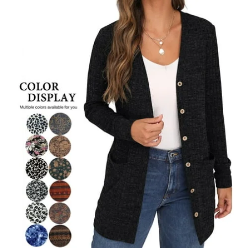 Women's JWD Open Front Black Cardigan with Pockets, Long Sleeve Sweater, Sizes S-2XL