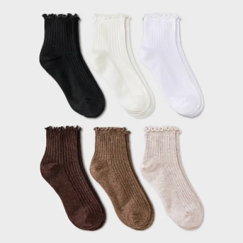 6-Pack Women's Lettuce Edge Ankle Socks - Ivory/Tan/Black - Sizes 4-10 - Lightweight Knit