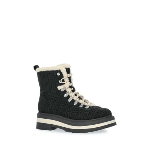 Free Assembly Women's Lace-Up Faux Shearling Plaid Booties - Classic Hiking Style Booties