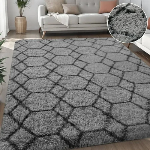 Nefoso Shag Geometric Area Rug, 8ft x 10ft, Soft Fluffy Carpet for Living Room or Bedroom Decor, Gray & Black