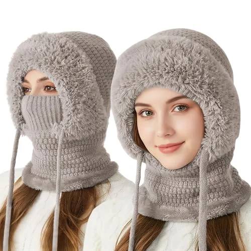 3 in 1 Beanie Hat with Scarf and Mask, Women's Outdoors Windproof Scarf Hat, Knitted Ski Mask Set (Khaki)